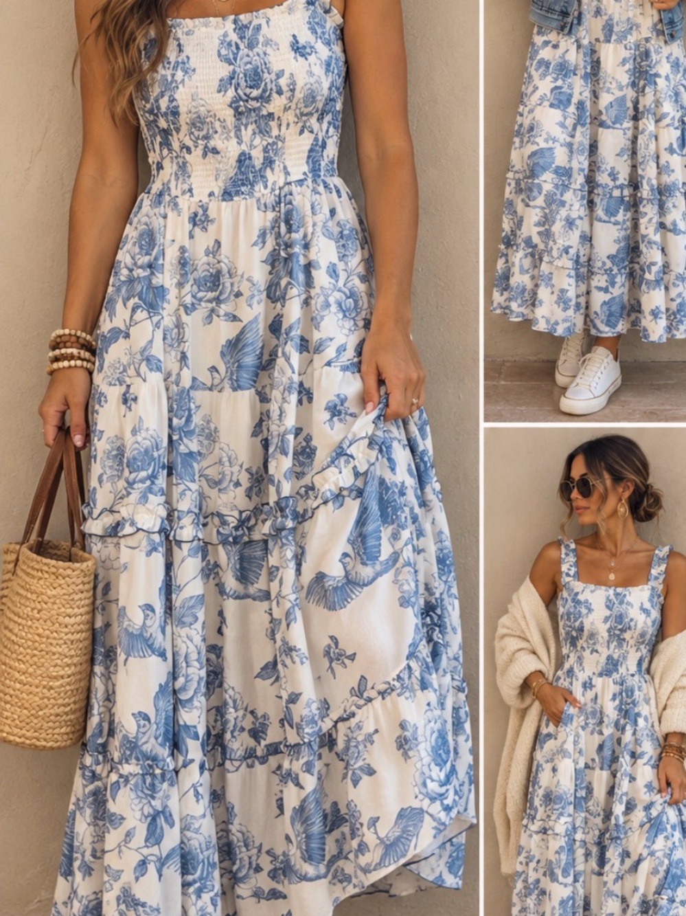 Scarlet Darkness Blue & White Floral Smocked Cottagecore Midi Dress XL